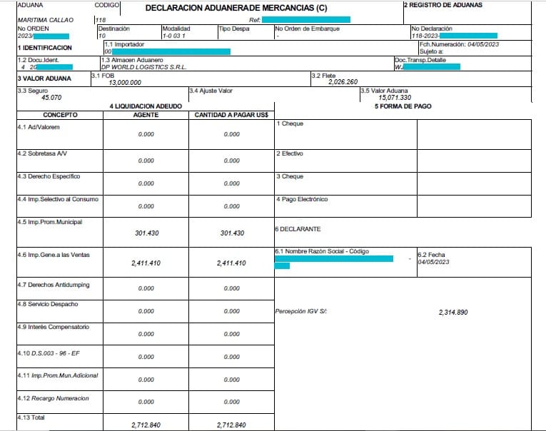 DAM de impuestos para importar a Perú