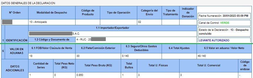 declaración de impuestos para importar a Perú